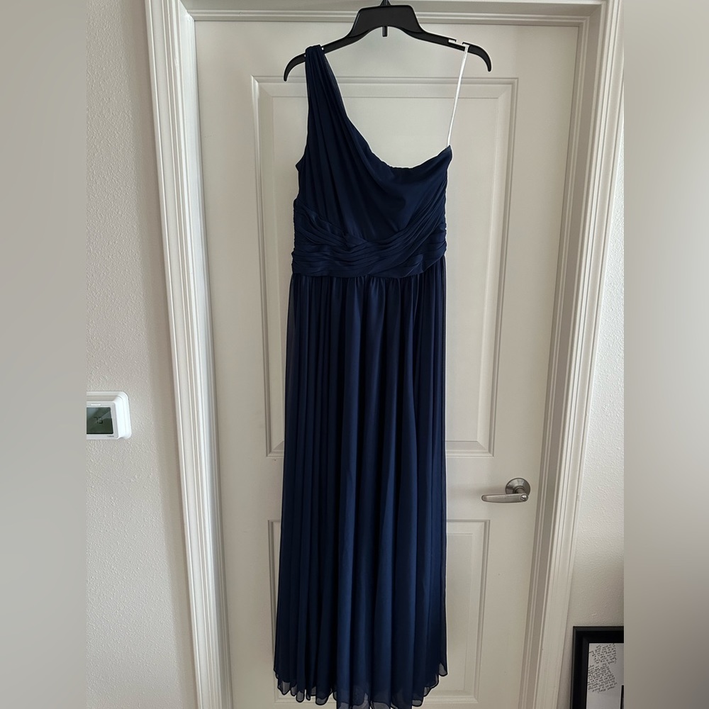 David’s bridal marine colored floor length dress great for bridesmaids or guests